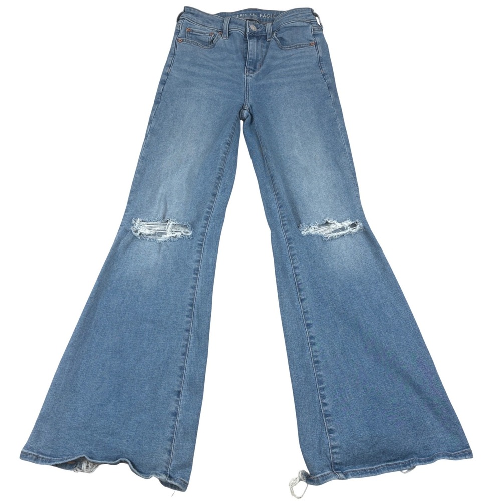 American Eagle Super High Rise Flare Jeans Womens 0 Short Distressed Boho Retro